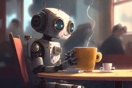 cute robot, taking a break from studying, with a cup of coffee in cozy cafe, created with generative aiの素材