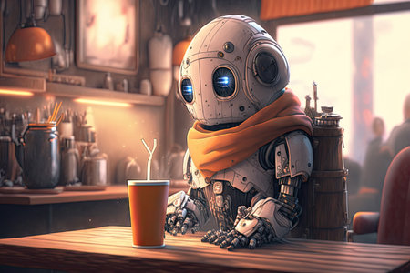 cute robot, enjoying a hot beverage and cozy atmosphere in trendy cafe, created with generative aiの素材
