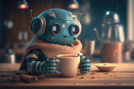 cute robot, enjoying a hot beverage and cozy atmosphere in trendy cafe, created with generative aiの素材