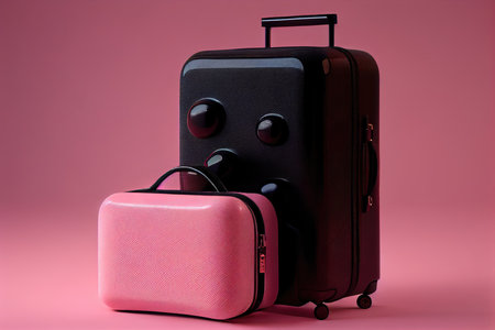 suitcases for traveling large black bag on pink background, created with generative aiの素材