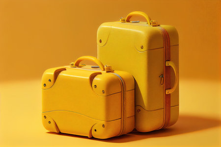 beige suitcases for traveling with clothes on yellow background, created with generative aiの素材