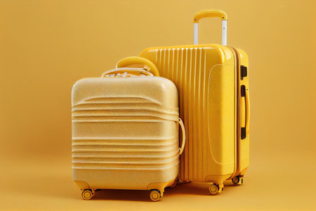 beige suitcases for traveling with clothes on yellow background, created with generative aiの素材