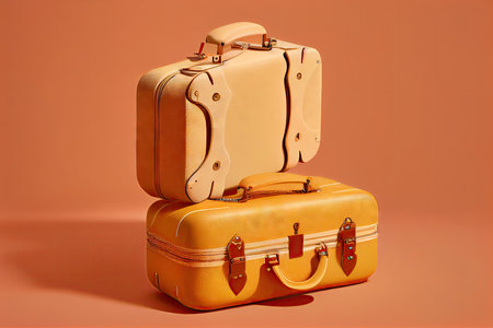 beige suitcases for traveling with clothes on yellow background, created with generative aiの素材