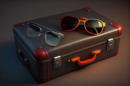 business suitcases for traveling with sunglasses and ticket, created with generative aiの素材