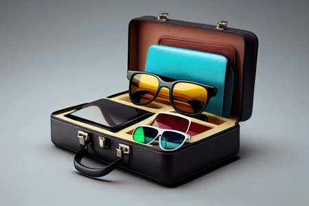 business suitcases for traveling with sunglasses and ticket, created with generative aiの素材