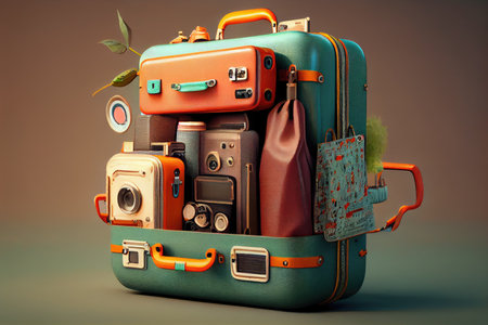 traveling suitcases with personal things for trip, created with generative aiの素材