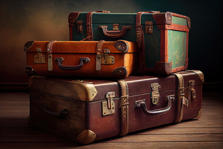 old leather suitcases for traveling on wooden floor, created with generative aiの素材