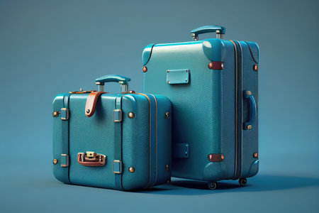 business suitcases for traveling on blue background, created with generative aiの素材