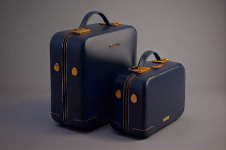 navy blue leather suitcases for traveling on gray background, created with generative aiの素材