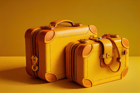 handmade leather suitcases for traveling on yellow background, created with generative aiの素材