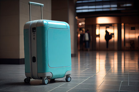 suitcase on wheels for traveling in airport terminal, created with generative aiの素材