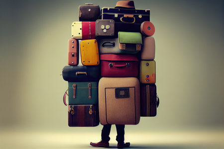 traveling man with hand luggage in form of suitcases for traveling, created with generative aiの素材