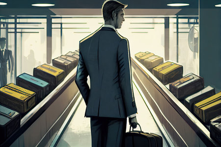 businessman with suitcases for traveling on conveyor belt at airport, created with generative aiの素材