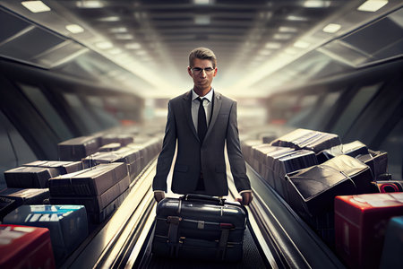 businessman with suitcases for traveling on conveyor belt at airport, created with generative aiの素材