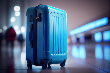 bright blue travel suitcase in airport on blurry background, created with generative aiの素材