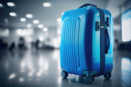 bright blue travel suitcase in airport on blurry background, created with generative aiの素材