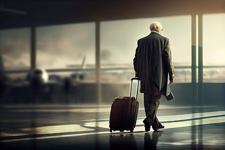 elderly man walking in airport with large suitcase for traveling, created with generative aiの素材