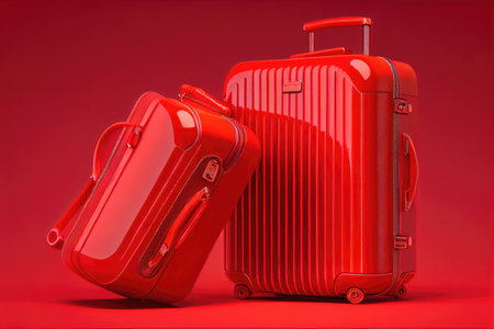 red stylish suitcases for traveling by plane on red background, created with generative aiの素材