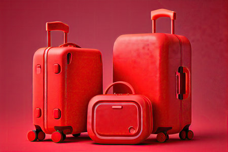 red stylish suitcases for traveling by plane on red background, created with generative aiの素材