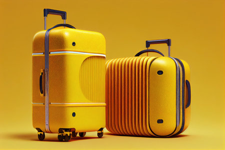 suitcases for traveling on yellow background with runway and airport, created with generative aiの素材
