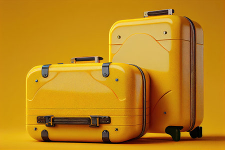 suitcases for traveling on yellow background with runway and airport, created with generative aiの素材