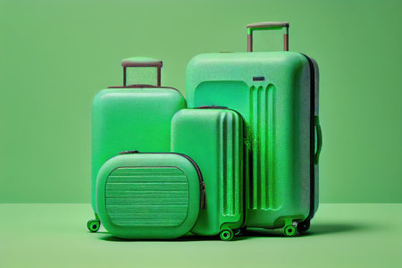 soiled suitcases for traveling on green background, created with generative aiの素材