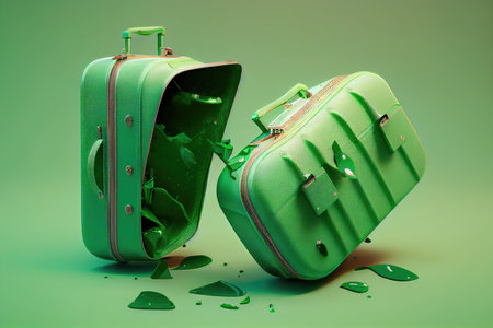 soiled suitcases for traveling on green background, created with generative aiの素材
