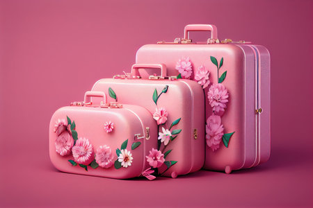 flower suitcases for traveling on pink background, created with generative aiの素材