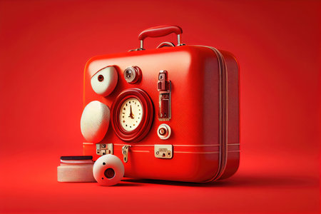 suitcase for traveling and personal belongings on red background, created with generative aiの素材