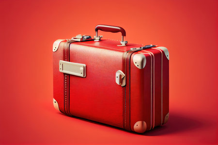 suitcase for traveling and personal belongings on red background, created with generative aiの素材