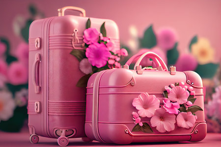suitcases for traveling pink with flowers and beauty accessories on blurry background, created with generative aiの素材