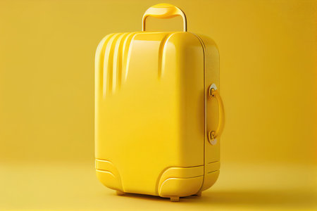 yellow plastic suitcase for traveling on yellow background, created with generative aiの素材