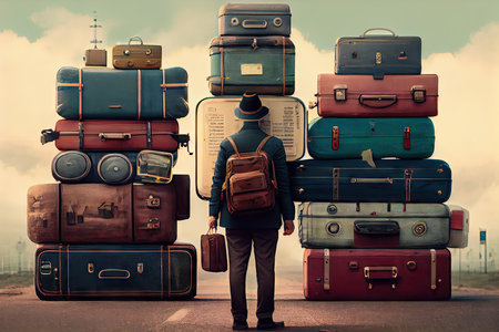 traveler with bags and suitcases for traveling back to airport, created with generative aiの素材