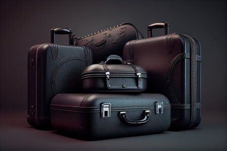 black suitcases for traveling with clothes and things on dark background, created with generative aiの素材