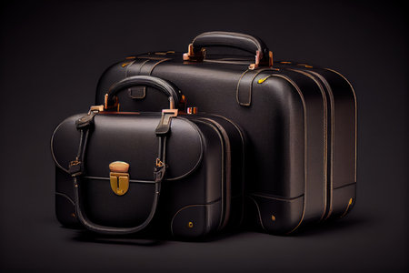 black suitcases for traveling with clothes and things on dark background, created with generative aiの素材