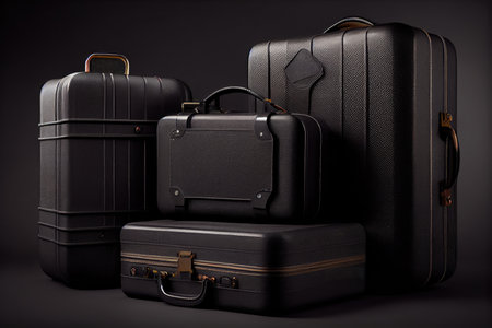 black suitcases for traveling with clothes and things on dark background, created with generative aiの素材