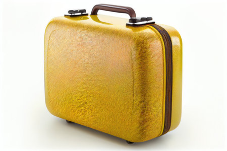 yellow suitcase with dark handles isolated on white background, created with generative aiの素材