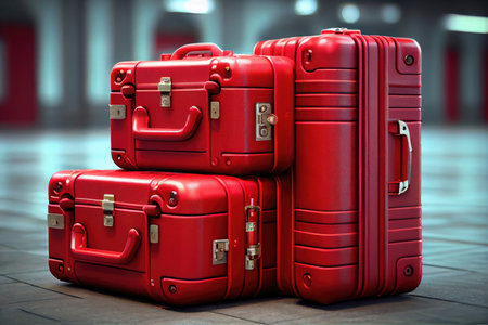 red suitcases for travels in suitcase lock at airport, created with generative aiの素材