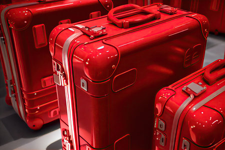 red suitcases for travels in suitcase lock at airport, created with generative aiの素材