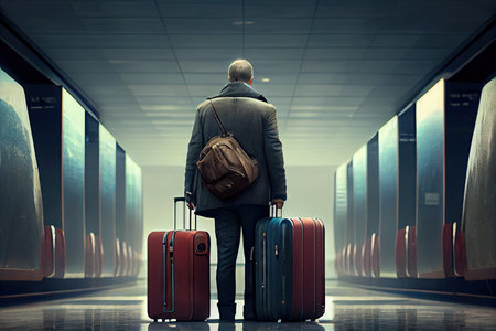 man stands at airport with suitcases for traveling, created with generative aiの素材