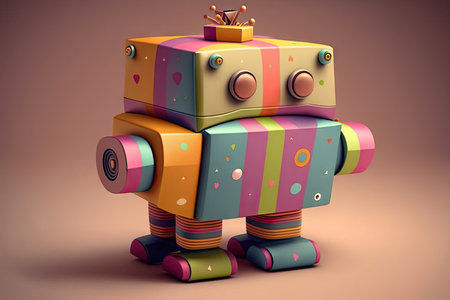 cute robot wrapping gift in colorful paper for special occasion, created with generative aiの素材