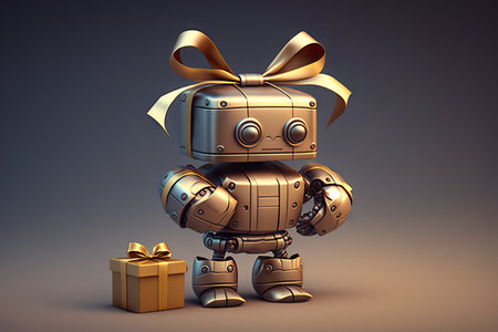 cute robot wrapping present with shiny metallic tape and bow, created with generative aiの素材