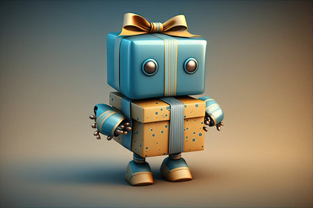 cute robot wrapping gift box with decorative bow, created with generative aiの素材