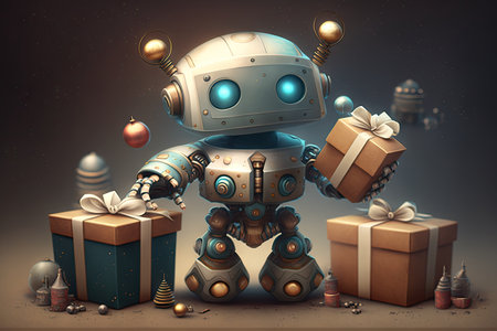 cute robot with gift box, surrounded by festive holiday decorations, created with generative aiの素材