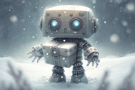 cute robot on snowy day, with gift box and snowflakes in the background, created with generative aiの素材