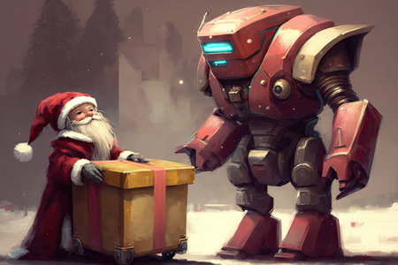 robot dressed as santa and delivering presents to children, created with generative aiの素材