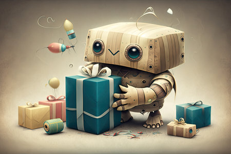 cute robot wrapping a present, with different types of paper and bows, created with generative aiの素材