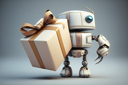 cute robot wrapping present with ribbon and bow, ready to deliver, created with generative aiの素材