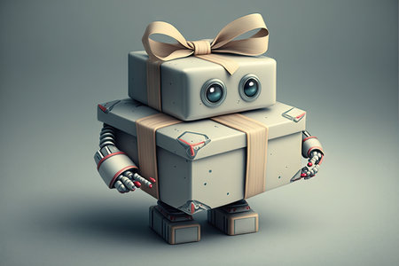 cute robot wrapping gift box with ribbon, preparing to give the gift to someone special, created with generative aiの素材