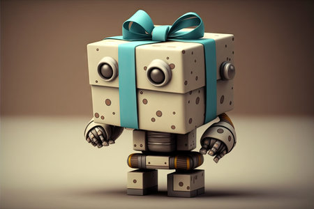 cute robot wrapping gift box with ribbon, preparing to give the gift to someone special, created with generative aiの素材